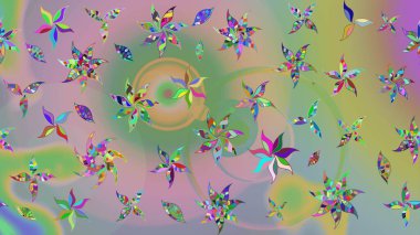 Çiçek desenli çizim. Tarafsız ve yeşil renklerde Asya tekstili. Raster illüstrasyonu.