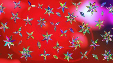 Çok renkli ve pembe küçük çiçekler ve kırmızı ve pembe renkli komik böcekler, raster desen, illüstrasyon.