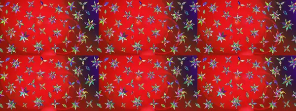 Raster - stok. Yapraklı çiçekler ve kırmızı ve kahverengi renkli papatya çiçekleri. Taslak arkaplan deseni.