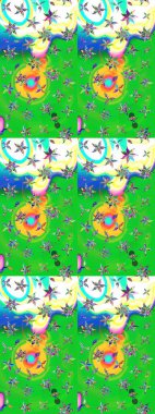 Ağaç dallı bahar çiçekli desen, çiçek siluetiyle yeşil ve mavi renkler. Raster deseni.