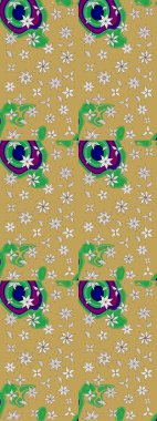 Raster illüstrasyonu. Şirin çiçekli eskiz deseni ve sarı ve nötr renklerde yapraklar, suluboya çiçek deseni, duvar kağıdı, kart veya kumaş için fayanslı.