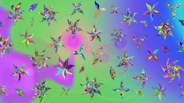 Küçük renkli çiçekler. Moda baskıları için zarif bir şablon. Küçük çiçekte güzel bir desen. Yeşil ve mor çiçekli bahar çiçekleri. Motley illüstrasyonu.