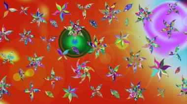 Çiçek desenli çizim. Raster illüstrasyonu. Turuncu ve kırmızı renkli Asya tekstili.