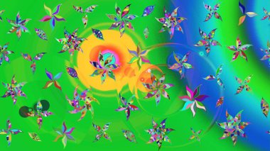 Yumuşak, bahar çiçekleri yeşil ve mavi renklerde. Çiçek ve yapraklı karalama şeklinde Raster çiçek deseni. Raster illüstrasyonu.