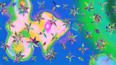 Raster illüstrasyonu. Mavi ve yeşil renkli çiçekler. Tropikal çizim çiçek deseni.