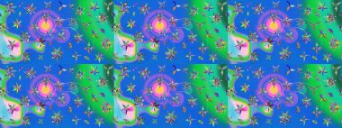 Bahar mevsimi. Mavi ve yeşil renkli çiçekler. Raster güzel bir çiçek deseni çizmiş. Tatil havası. Nazik romantik baskı.