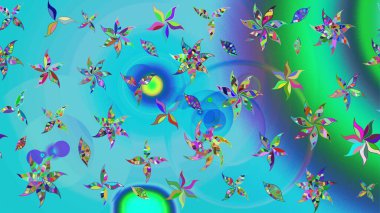 Modern çiçek arkaplanı. Halk tarzı. Moda baskıları için zarif bir şablon. Parlak renkli çiçekleri olan ve mavi ve yeşil renkli yaprakları olan inanılmaz bir çiçek deseni..