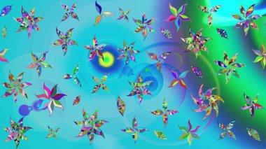 Raster illüstrasyonu. Yaprak ve çiçeklerin suluboya resimleri, mavi ve yeşil renkler üzerine çizimler. Mavi ve yeşil renklerde bahar çiçekleri..