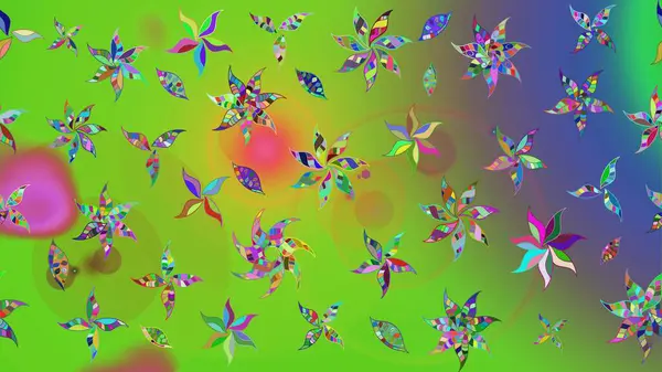 Suluboya elle çizilmiş çiçek desenli eskiz deseni. Parlak renkli fantezi çiçekleri, yapraklar, yeşil ve mor renkli tomurcuklar yeşil ve mor.