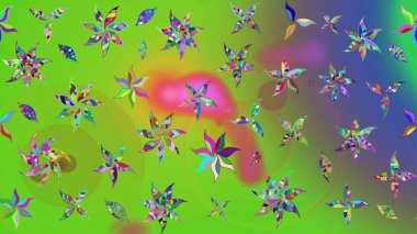 Renkli Yaz Temalı eskiz kalıbı. Raster Illustrasyon 'daki Çiçek Deseni' nin son moda çizimi. Düz Çiçek Elementleri Tasarımı. Yeşil ve mor renkte çiçekler.