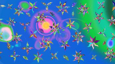 Çok mavi ve yeşil zarif küçük çiçekler ve mavi ve yeşil renkli komik böcekler, raster desen, illüstrasyon.