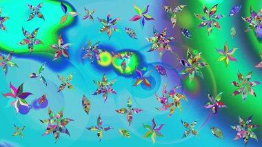 Hediye ambalaj kağıdı, tebrik kartları, posterler ve pankart tasarımı. Raster düz çiçek çizim deseni. Mavi ve yeşil renkte çiçekler.