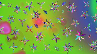 Suluboya elle çizilmiş çiçek desenli eskiz deseni. Parlak renkli fantezi çiçekleri, yapraklar, yeşil ve mor renkli tomurcuklar yeşil ve mor.