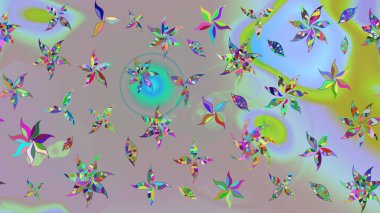 Tarafsız ve gri renklerdeki çok renkli ve gri zarif küçük çiçekler ve komik böcekler, raster desen, illüstrasyon.