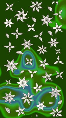 Kumaş, tekstil, duvar kağıdı baskısı için. Eskiz geçmişi. Miles Fleur, süslü püslü bir süs. Tomurcukları papatya çiçekleri olan sevimli bir çiçek deseni. Eski usul. Raster illüstrasyonu.