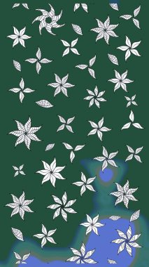 Gentle, spring floral on green and neutral colors. Raster pattern. Exploding flowers abstractly placed. Raster illustration.