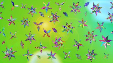 Yeşil ve mavi renkte çiçekler. Kumaş desenli papatya çiçekleri ayrıntıları.