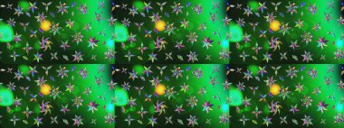 Raster illüstrasyonu. Yeşil ve gri renkli Asya tekstili. Çiçek desenini çiz.