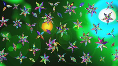 El çizimi çiçek unsurları olan soyut çizim raster deseni. Çiçekli ipek eşarp. 1950-1960 motifleri. Yeşil ve mavi, yeşil ve maviye. Retro tekstil tasarım koleksiyonu.