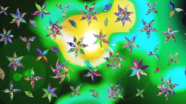 Elle boyanmış suluboya resim çizimleri, çiçekler ve bitkiler. Yeşil ve mavi renkte çiçekler.