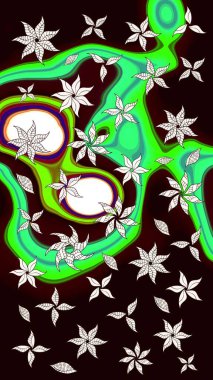 Raster illüstrasyonundaki çiçek desenli çizim. Suluboya tarzında siyah ve yeşil renkte çiçekler.