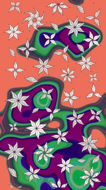 Nazik, narin çiçek arkaplanı. Çiçekli karalama şeklinde Raster çiçek deseni. Turuncu ve yeşil renkli çiçekler.