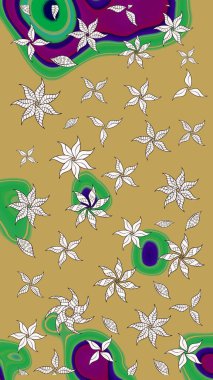 Raster Çiçek İllüstrasyonu 'nun şirin tekstili. Sarı ve nötr renklerdeki etnik çiçeklerle zarif eskiz deseni.