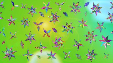 Yeşil ve mavi renkte çiçekler. Kumaş desenli papatya çiçekleri ayrıntıları.