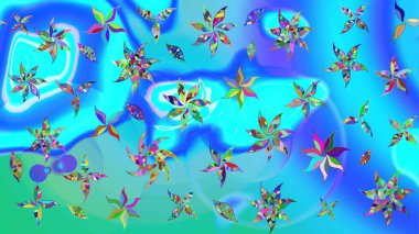 Mavi ve yeşil renkli çiçekler. Raster düz çiçek çizim deseni. Tasarım hediye paketi, tebrik kartları, posterler ve afiş tasarımı.