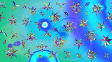 Düz Çiçek Elementleri Tasarımı. Renkli Bahar Teması eskiz kalıbı. Sevimli çiçek raster deseni. Mavi ve yeşil renkte çiçekler.