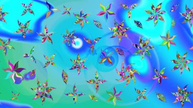 Mavi ve yeşil arka planda. Elle çizilmiş çiçek desenli Raster çizimi. Tekstil, kumaş, ambalaj, hatıra defteri için hoş bir çiçek arkaplanı. Çocuksu tasarım.