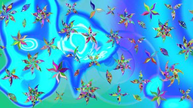 Hediye ambalaj kağıdı, tebrik kartları, posterler ve pankart tasarımı. Mavi ve yeşil renkli çiçekler. Raster düz çiçek çizim deseni.