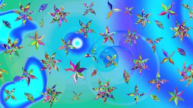 Raster illüstrasyonundaki çiçek desenli çizim. Renkli Yaz Temalı eskiz kalıbı. Düz Çiçek Elementleri Tasarımı. Mavi ve yeşil renkte çiçekler.