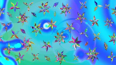 Renkli Bahar Teması eskiz kalıbı. Düz Çiçek Elementleri Tasarımı. Raster illüstrasyonundaki çiçek desenli çizim. Mavi ve yeşil renkte çiçekler.