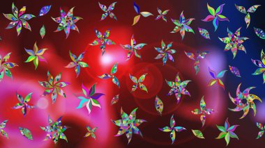 Parlak renkli çiçekleri olan ve kırmızı ve kahverengi renkte yaprakları olan harika bir çiçek deseni. Modern çiçek arkaplanı. Halk tarzı. Moda baskıları için zarif bir şablon.