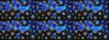 Mavi ve gri renkler üzerine çiçek desenli çizimler, el yapımı papatyalar, papatyalar. Tekrarlayan çiçek arkaplanı, zarif mavi ve gri çiçek duvar kağıdı.