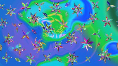 Renkli Yaz Temalı eskiz kalıbı. Düz Çiçek Elementleri Tasarımı. Mavi ve yeşil renkli çiçekler. Sevimli çiçek raster deseni.