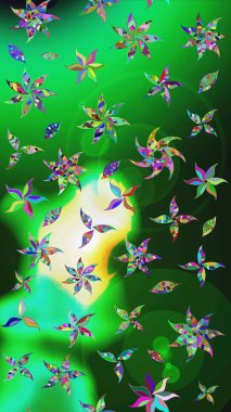 Raster Çiçek İllüstrasyonu 'nun şirin tekstili. Yeşil ve mavi renkli etnik çiçeklerle zarif bir eskiz deseni.