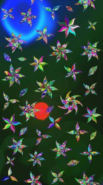 Raster illüstrasyonundaki çiçek desenli çizim. Renkli Yaz Temalı eskiz kalıbı. Mavi ve yeşil renkli çiçekler. Düz Çiçek Elementleri Tasarımı.