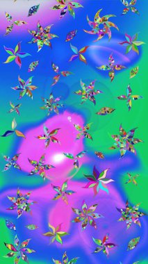 Asya tekstil tarzında. Mavi ve mor renkli çiçekler. Raster illüstrasyonu. Çiçek desenli çizim. Raster illüstrasyonu.