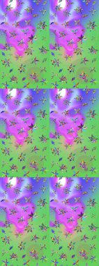 Yumuşak, yeşil ve mor renkte bahar çiçekleri. Yaprak ve çiçeklerin suluboya resimleri, yeşil ve mor renkler üzerine çizimler. Raster illüstrasyonu.