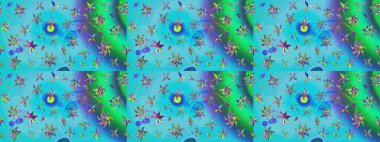 Düz Çiçek Elementleri Tasarımı. Mavi ve yeşil renkli çiçekler. Renkli Bahar Teması eskiz kalıbı. Sevimli çiçek raster deseni.