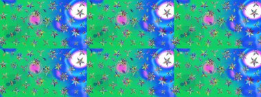 On green and blue colors. Raster illustration. A pattern of green and blue daisies on a green and blue colors.