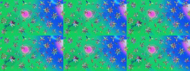 Raster illüstrasyonundaki çiçek desenli çizim. Yeşil ve mavi renkte çiçekler.