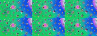 Düz Çiçek Elementleri Tasarımı. Raster illüstrasyonundaki çiçek desenli çizim. Yeşil ve mavi renkte çiçekler. Renkli Bahar Teması çizim şablonu.