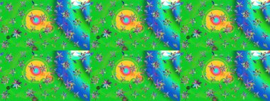 Çiçek tasarımı için inanılmaz bir kolaj cenneti tarzı. Parlak çiçekli kolaj çiçekleri yeşil ve mavi. Çiçekli zambaklar eskiz arka planı.