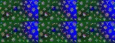 Raster illüstrasyonu. Raster deseni. Patlayan çiçekler soyut olarak yerleştirilmiş. Yeşil ve mavi renklerde bahar çiçekleri..