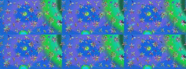 Raster hisseleri. Suluboya, elle çizilmiş. Çiçekler mavi ve yeşile. Taslak arkaplan deseni.