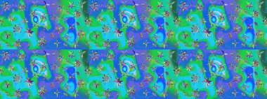 Egzotik çiçekler, mavi ve yeşil renkler üzerine botanik ve parlak klasik doğa. Raster illüstrasyonu. Klasik tropikal doğal elementlerin suluboya seti.