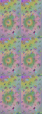 Raster illüstrasyonu. Suluboya, elle çizilmiş. Tarafsız ve yeşil renklerde yaprakları olan yabani çiçekler. Taslak arkaplan deseni.